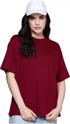 etsun Solid Women Round Neck Maroon T-Shirt