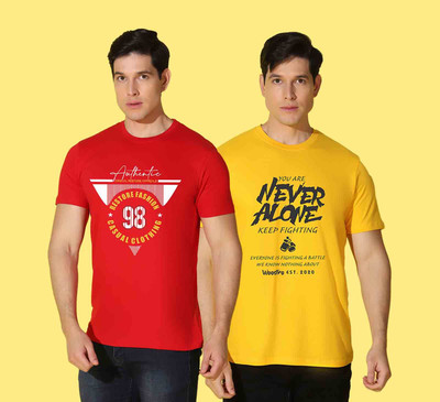 WOOSTRO Typography Men Round Neck Red, Yellow T-Shirt
