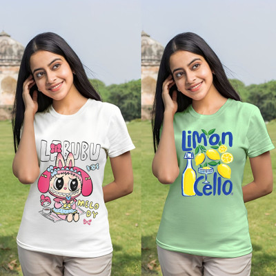 Kintu Parantu Cartoon Women Round Neck Pink T-Shirt