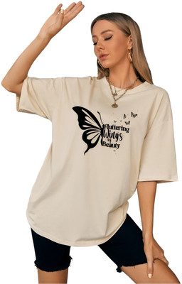 Taytaya Printed Women Round Neck Beige T-Shirt