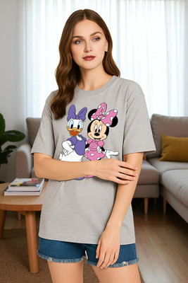 Elvia Graphic Print Women Round Neck Grey T-Shirt