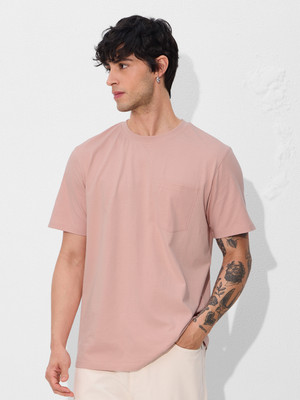 The Souled Store Solid Men Round Neck Pink T-Shirt