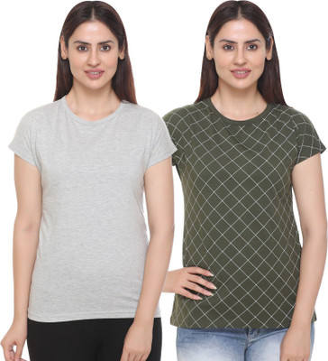HouseOfCommon Checkered Women Round Neck Multicolor T-Shirt