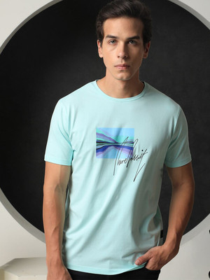 RARE RABBIT Printed Men Round Neck Blue T-Shirt