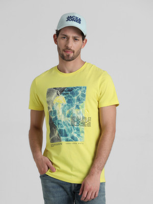 JACK & JONES Printed, Typography Men Round Neck Yellow T-Shirt