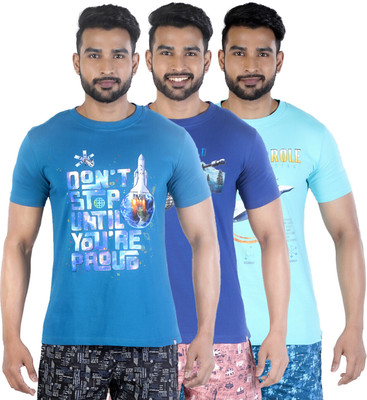COLORS by Rupa Frontline Graphic Print Men Round Neck Blue, Dark Blue, Light Blue T-Shirt