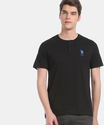U.S. POLO ASSN. Solid Men Henley Neck Black T-Shirt