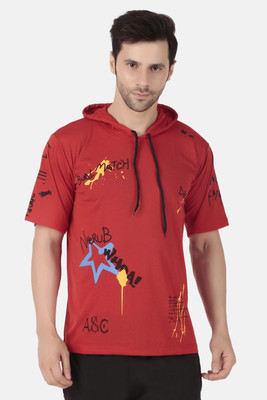 cnw Graphic Print Men Hooded Neck Red T-Shirt
