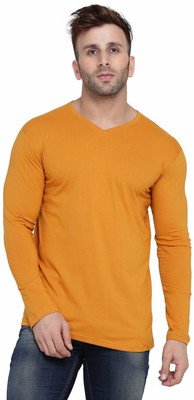 GEUM Solid Men V Neck Yellow T-Shirt