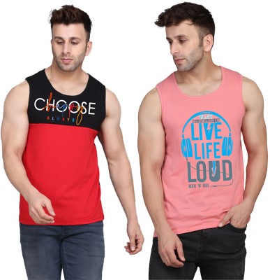 SLOWLORIS Printed Men Scoop Neck Pink, Black, Red T-Shirt