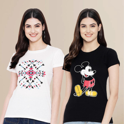 METRONAUT Printed Women Round Neck White, Black T-Shirt