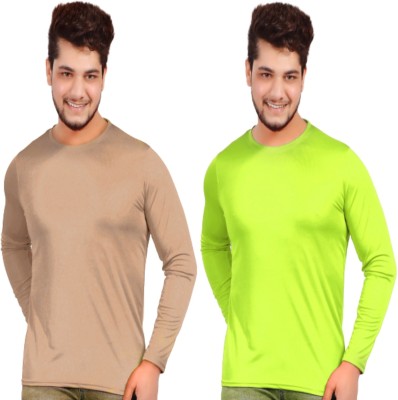 KASPY Solid Men Round Neck Beige, Green T-Shirt