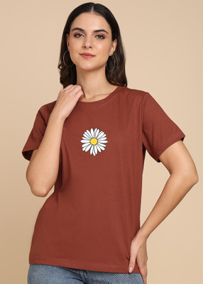 Adyavastram Printed Women Round Neck Brown T-Shirt