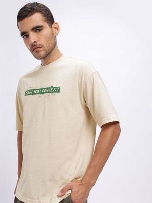 Glitchez Printed Men Round Neck Beige T-Shirt
