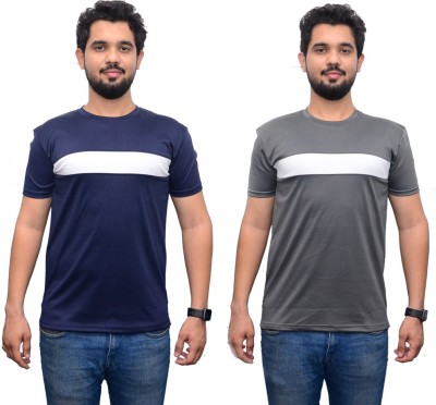 Maleno Colorblock Men Round Neck Grey, Navy Blue T-Shirt