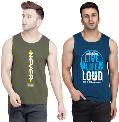 SLOWLORIS Printed, Colorblock Men Round Neck Dark Blue, Dark Green T-Shirt