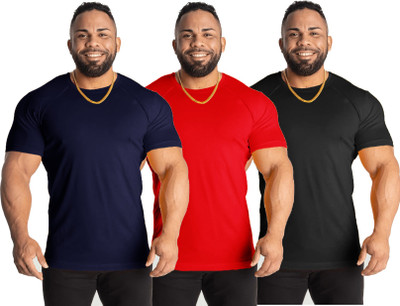 UDI n ADI Solid Men Round Neck Red, Black, Navy Blue T-Shirt