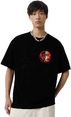 Peach Blossom Printed Men Round Neck Black T-Shirt
