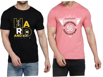 WOOSTRO Printed Men Round Neck Black, Pink T-Shirt