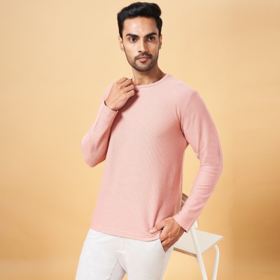 Byford by Pantaloons Self Design Men Crew Neck Pink T-Shirt