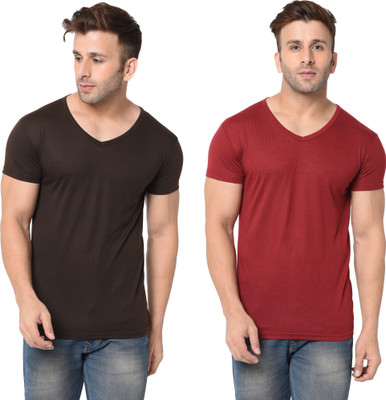 Tresna Trendy Solid Men V Neck Brown, Maroon T-Shirt