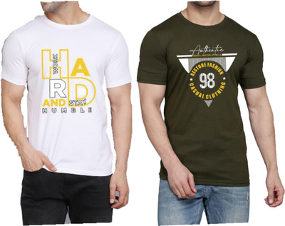 WOOSTRO Printed Men Round Neck White, Dark Green T-Shirt