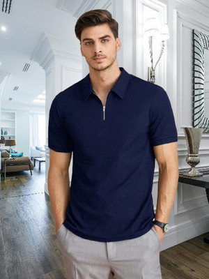 Dark Drive Solid Men Polo Neck Navy Blue T-Shirt