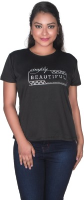 Leean Patterns Printed Women Round Neck Black T-Shirt