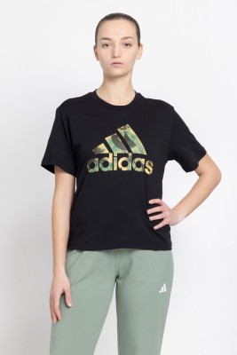 ADIDAS Graphic Print Women Crew Neck Black T-Shirt