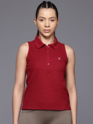 HRX by Hrithik Roshan Solid Women Polo Neck Maroon T-Shirt