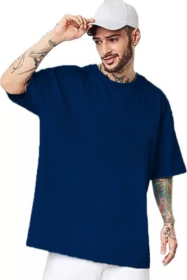 Sahuone Solid Men Round Neck Blue T-Shirt