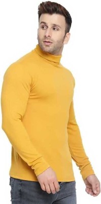 SAIOM Solid Men High Neck Yellow T-Shirt