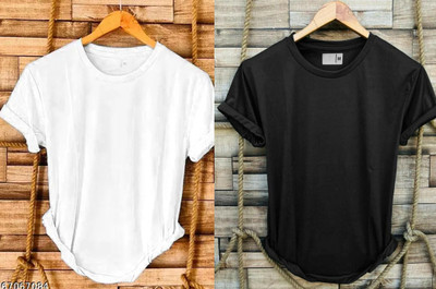SR Fashion Solid Men Round Neck White, Black T-Shirt