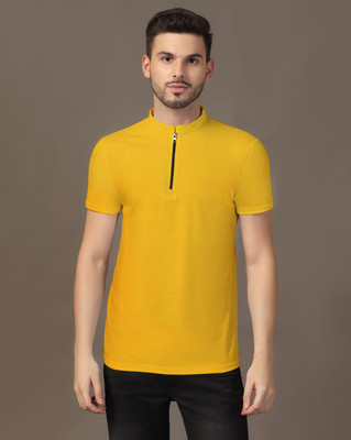 Blisstone Solid Men Mandarin Collar Yellow T-Shirt