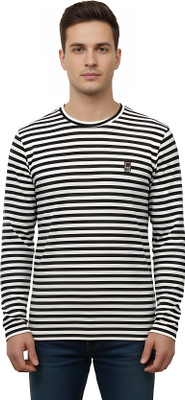 Enigmatic Striped Men Round Neck Black T-Shirt