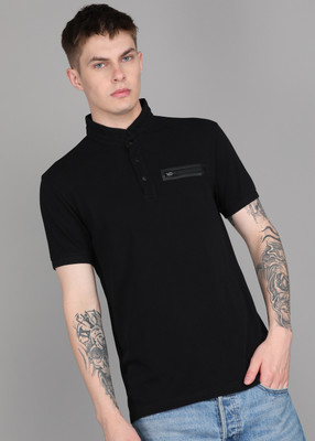 United Colors of Benetton Solid Men Mandarin Collar Black T-Shirt