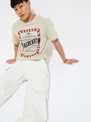 MAX Printed Men Round Neck Beige T-Shirt