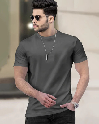 Adnikezed Solid Men Round Neck Grey T-Shirt