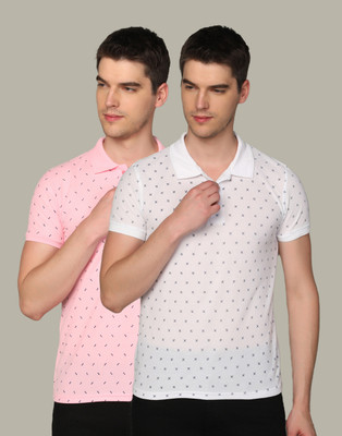 INKKR Printed Men Polo Neck Pink, White T-Shirt