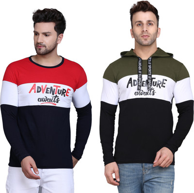 SLOWLORIS Printed Men Hooded Neck Red, Dark Green T-Shirt