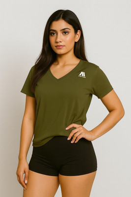 ANTUM Solid Women V Neck Dark Green T-Shirt
