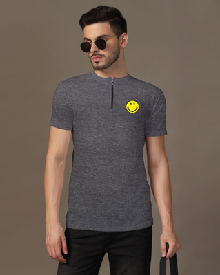 Lawful Casual Printed Men Mandarin Collar Grey T-Shirt