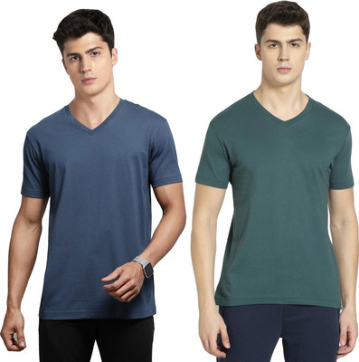 JOCKEY Solid Men V Neck Dark Blue, Green T-Shirt