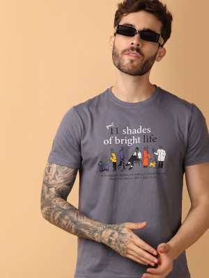 V-MART Printed Men Round Neck Grey T-Shirt