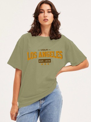 LIME Printed Women Round Neck Light Green, Yellow T-Shirt