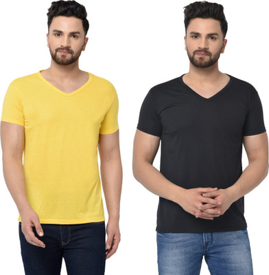 Tresna Trending Solid Men V Neck Black, Yellow T-Shirt