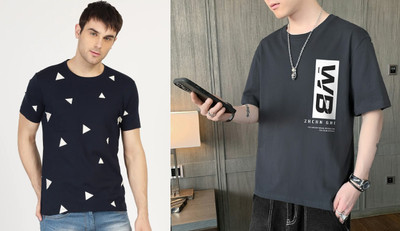 Axxitude Printed Men Round Neck Dark Blue T-Shirt