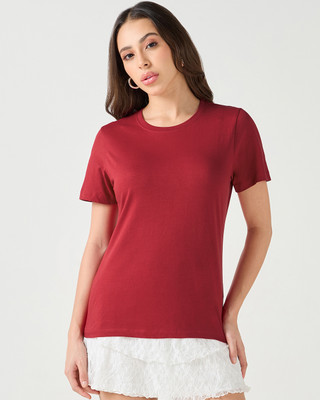 BEWAKOOF Solid Women Round Neck Red T-Shirt
