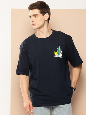 FROSEN FOX Self Design Men Round Neck Navy Blue T-Shirt