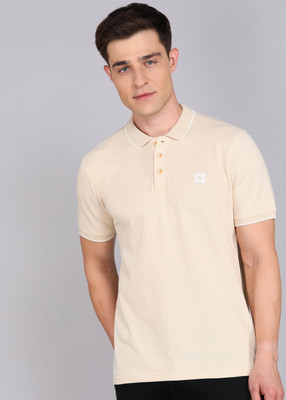 WROGN Solid Men Polo Neck Beige T-Shirt